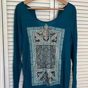 Teal Long Sleeve Top with Intricate Pattern NWOT